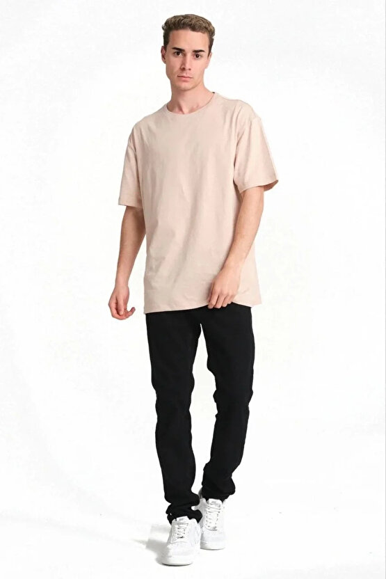 Erkek 241 Düz A Kalite Oversize T-shirt - Bej