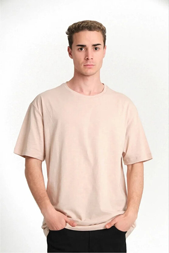 Erkek 241 Düz A Kalite Oversize T-shirt - Bej