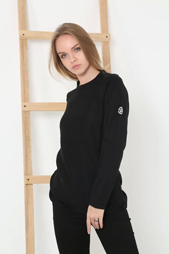 Velmora Premium Kadın Biskilet Yaka Kolu Armalı - Siyah