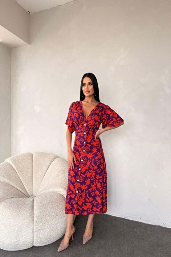 Kadın Göğüs Dekolteli Yaprak Desen Dokuma Viskon Kumaş Maxi Boy Elbise