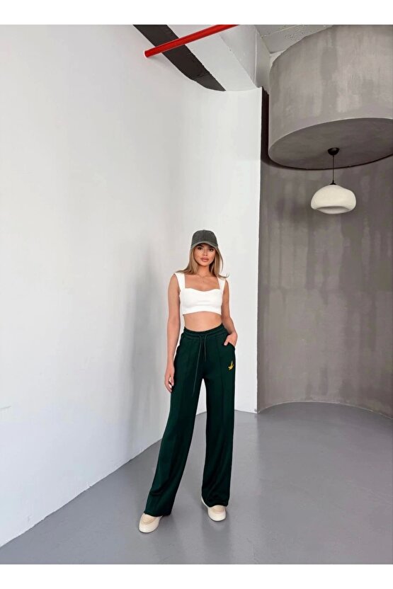 Osy Modal Yumuşak Dokulu Kumaş Nakış işlemeli Rahat Bol Paça Eşofman Pantalon - Yeşil