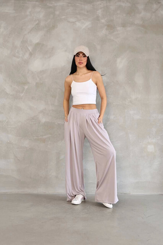 Osy Modal Yumuşak Dokulu Kadın Kumaş Boru Paça Salaş Eşofman - Bej