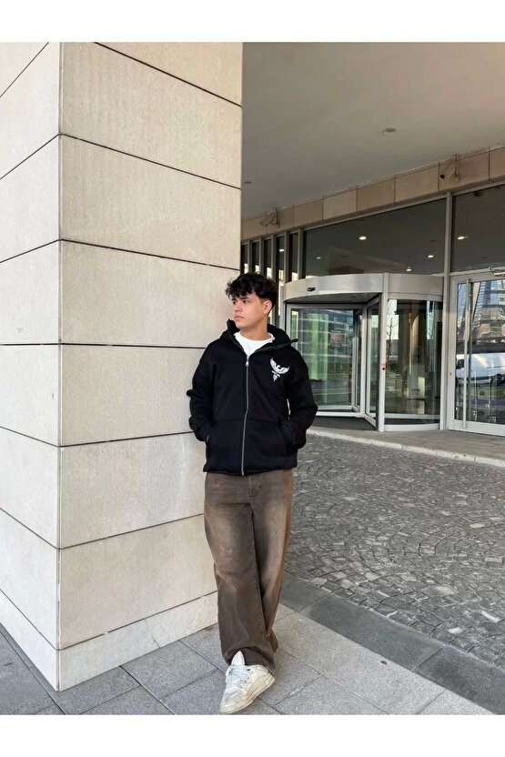 Samuray kapüşonlu ZIP Fermuarlı kapüşonlu SweatShirt - Siyah