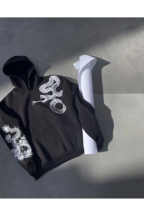 Uzun Kol Kapüşonlu Baskılı SweatShirt - Siyah