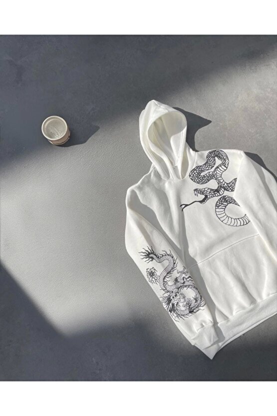 Uzun Kol Kapüşonlu Baskılı SweatShirt - Beyaz