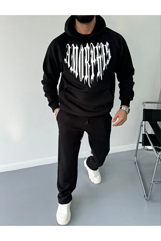 Uzun Kol Kapüşonlu Baskılı SweatShirt - Siyah