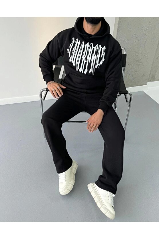 Uzun Kol Kapüşonlu Baskılı SweatShirt - Siyah