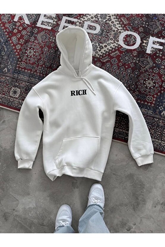 Uzun Kol Kapüşonlu Göğüs Baskılı SweatShirt - Beyaz