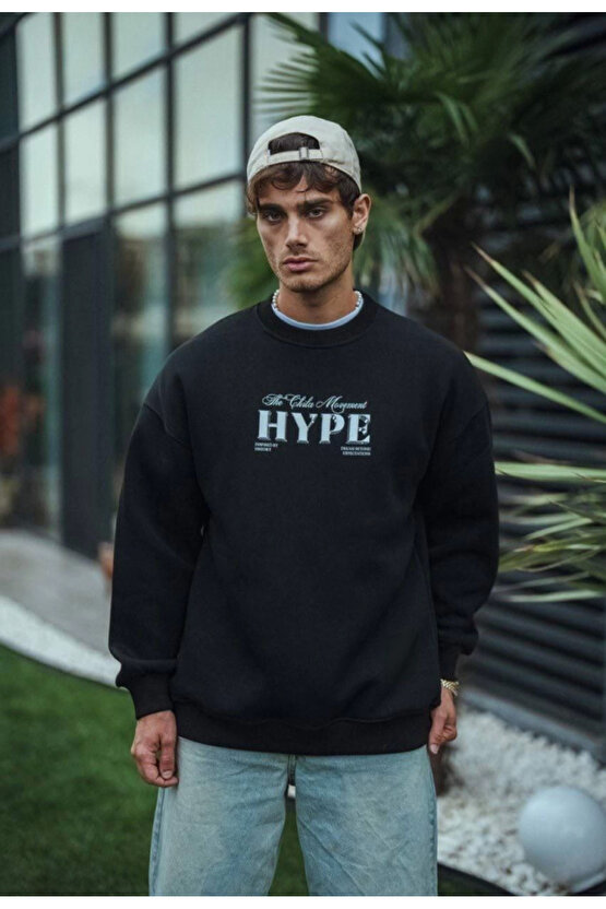 Üç İplik Bisiklet Yaka Baskılı SweatShirt - Siyah