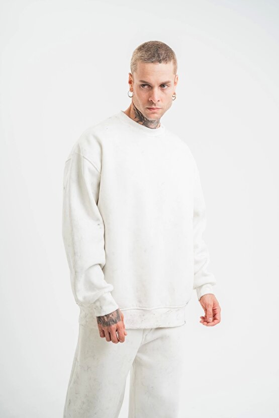 Unisex Uzun Kol Bisiklet Yaka Yıkamalı SweatShirt - Beyaz