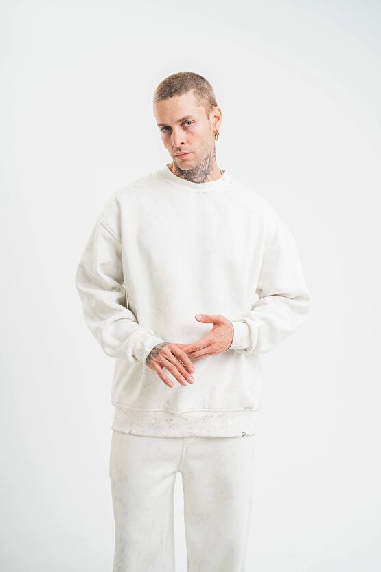 Unisex Uzun Kol Bisiklet Yaka Yıkamalı SweatShirt - Beyaz