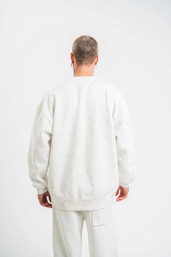 Unisex Uzun Kol Bisiklet Yaka Yıkamalı SweatShirt - Beyaz