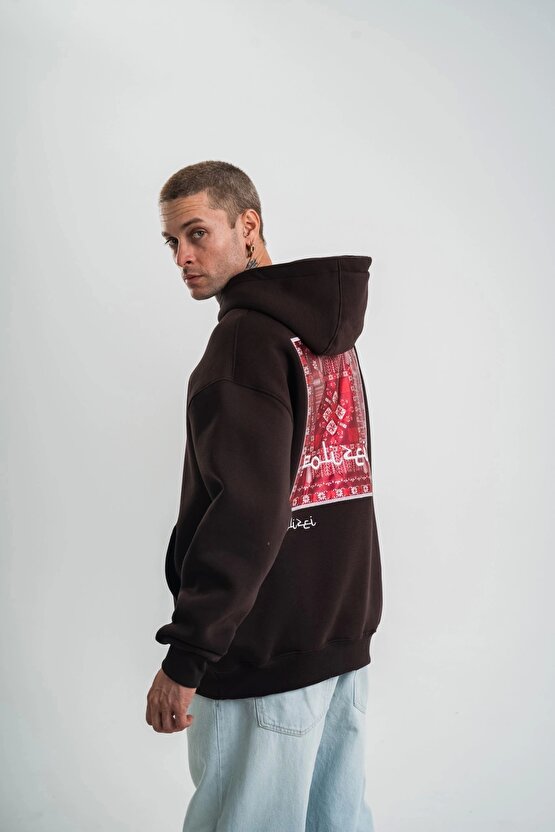 Double Oversize Kapşonlu Dijital Patchli SweatShirt - Kahve