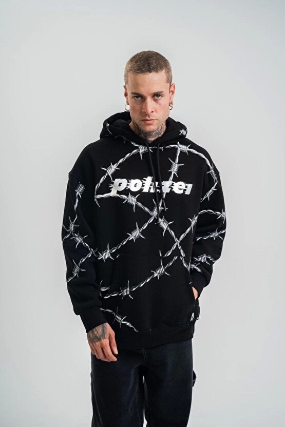 Unisex Kapşonlu Varak ve Pano Baskılı SweatShirt- Siyah