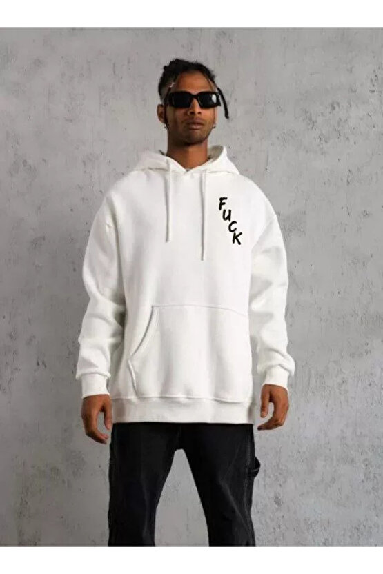 Unisex Kapşonlu Uzun Kol Baskılı Sweetshirt - Beyaz