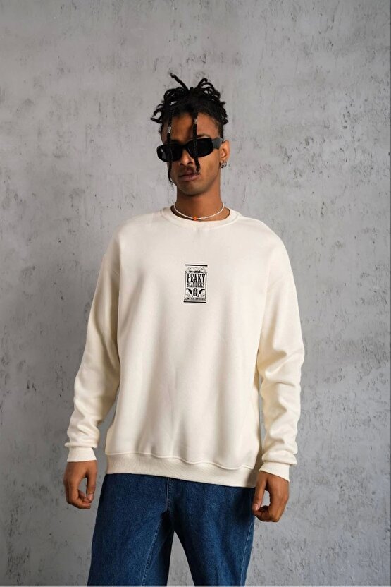 Unisex Bisiklet Yaka Baskılı Oversize Sweatshirt - Beyaz
