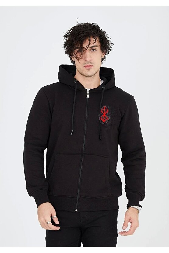 Unisex Baskılı Tam Fermuarlı Kapşonlu SweatShirt - Siyah
