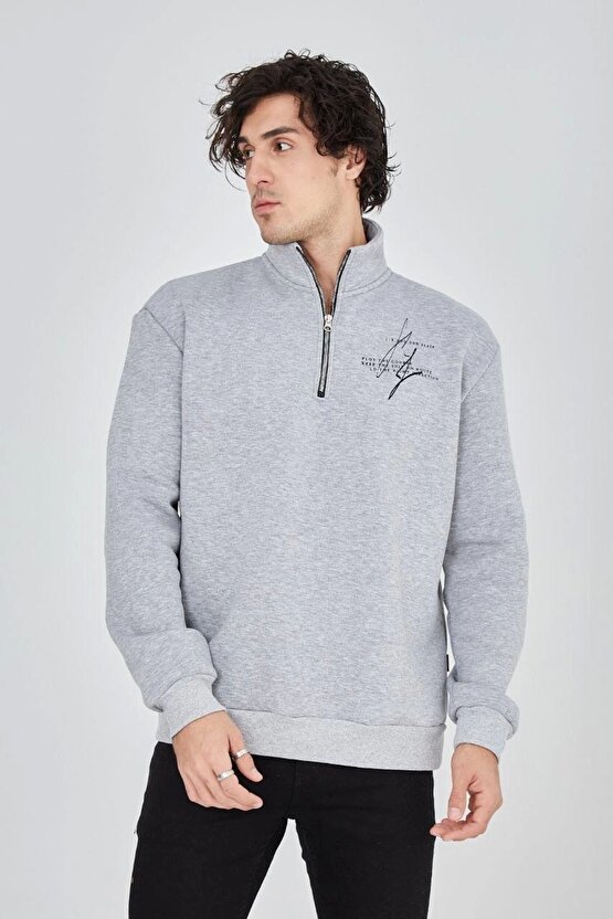 Erkek Yarım Fermuarlı Baskılı Sweat - Gri