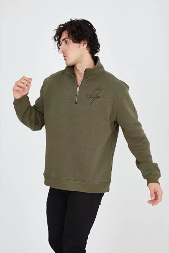 MDB Erkek Yarım Fermuarlı Baskılı weat Yeşil