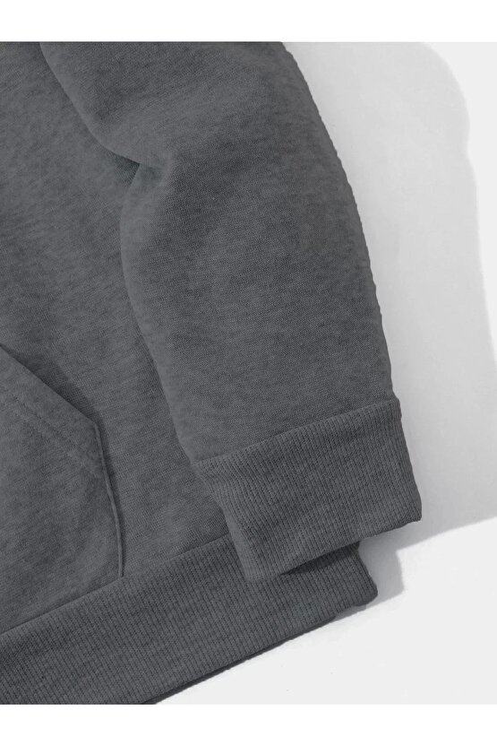 Erkek Düz Kapüşonlu Sweat - Füme