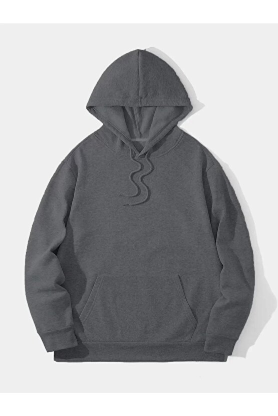 Erkek Düz Kapüşonlu Sweat - Füme