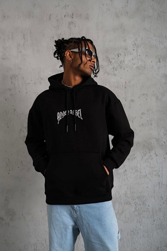 Erkek Kordon İpli Baskılı Kapüşonlu Sweatshirt - Siyah