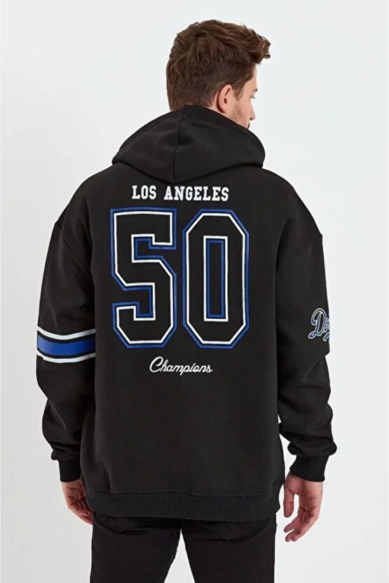 EQURİ Erkek Baskılı Kapşonlu Üç Iplik Oversize Sweatshirt - Siyah