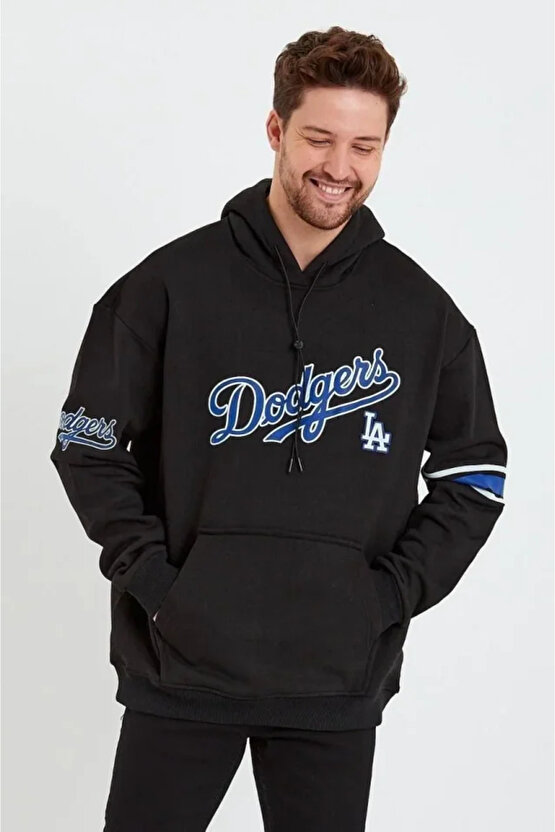 EQURİ Erkek Baskılı Kapşonlu Üç Iplik Oversize Sweatshirt - Siyah