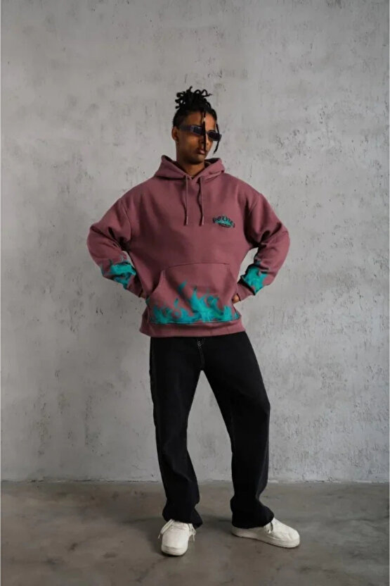 Erkek Üç İplik Içi Pamuklu Alev Baskılı Kapüşonlu Sweatshirt - Gül Kurusu