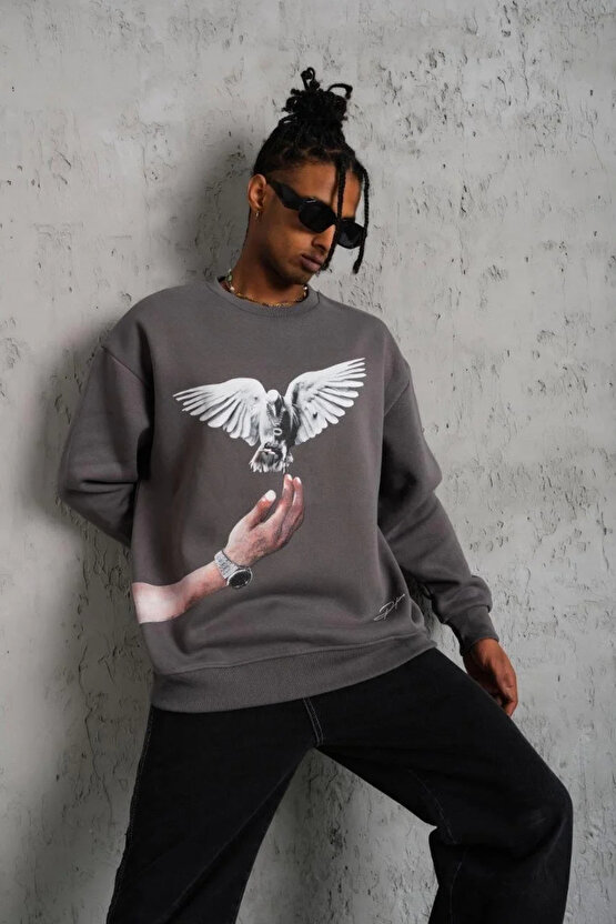 Erkek Güvercin Baskılı Sweatshirt - Gri