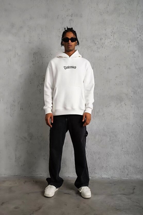 Erkek Üç İplik Baskılı Kapüşonlu Sweat - Beyaz