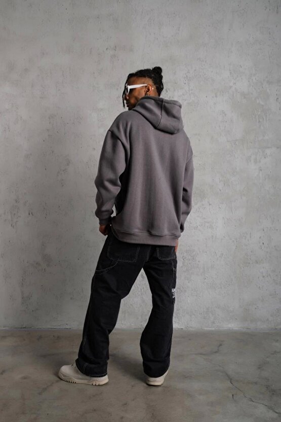 Erkek Düz Kapüşonlu Sweat - Gri