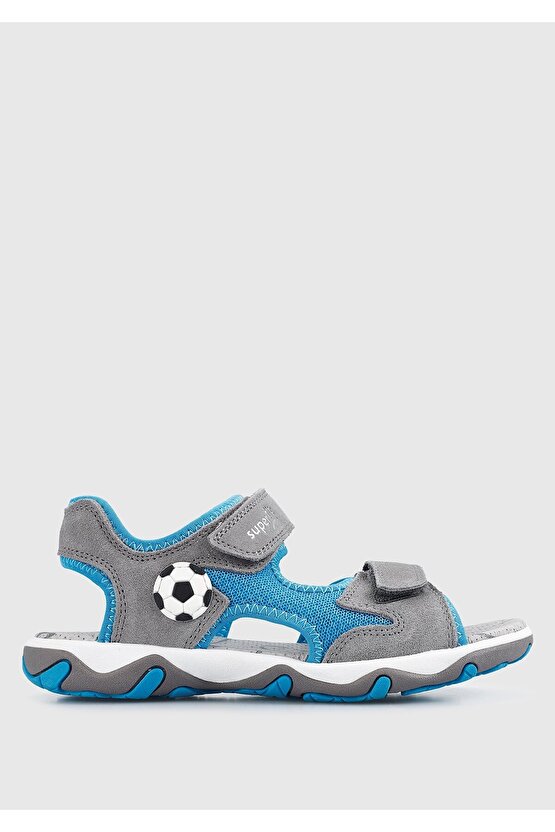 Gri-turkuaz Deri Erkek Çocuk Düz Sandalet