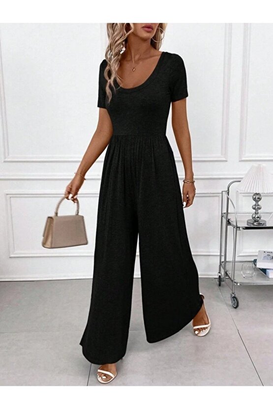 Kadın Kısa Kollu Yuvarlak Yaka Geniş Paçalı Bürümcük Tulum