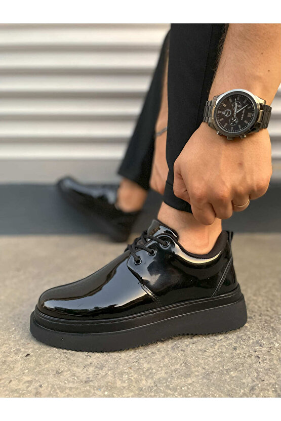 JYx03 Luxor Bağcıklı Rugan Erkek Günlük Spor Klasik Ayakkabı RST - Siyah