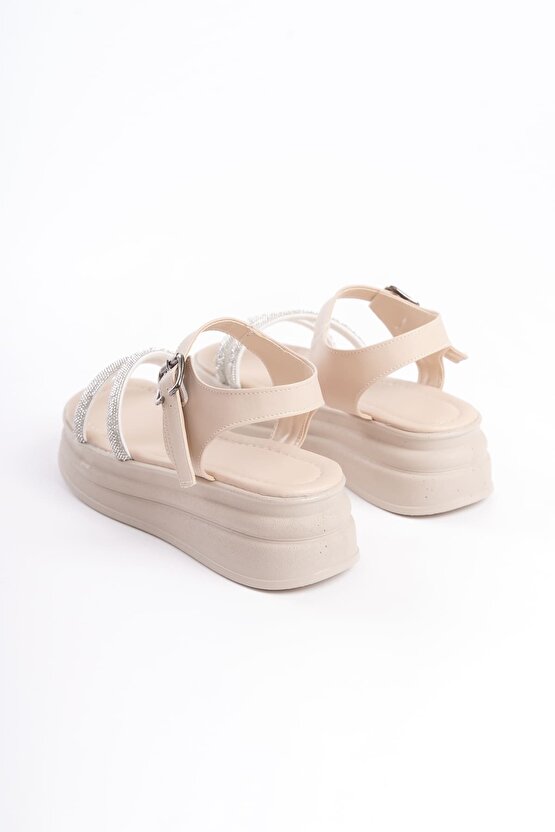 ZLOHE Kalın Tokalı Taşlı Şeritli Ortopedik Taban Kadın Sandalet CKT - Krem