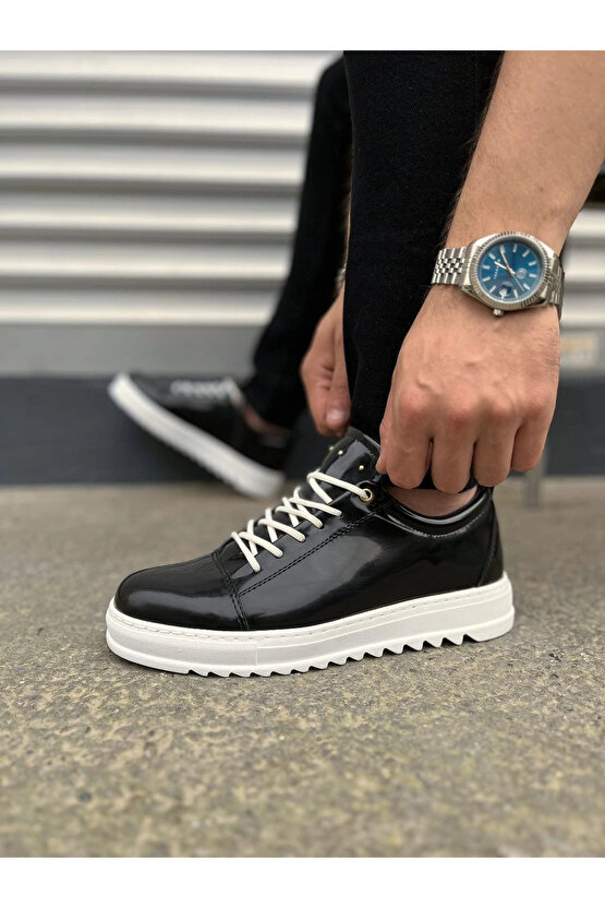 JY152 Cool Bağcıklı Rugan Erkek Günlük Spor Klasik Ayakkabı RBT - Siyah