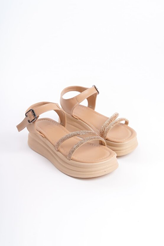 ZLOHE Kalın Tokalı Taşlı Şeritli Ortopedik Taban Kadın Sandalet CTT - Ten