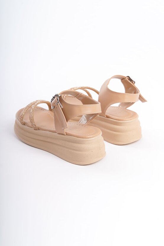 ZLOHE Kalın Tokalı Taşlı Şeritli Ortopedik Taban Kadın Sandalet CTT - Ten