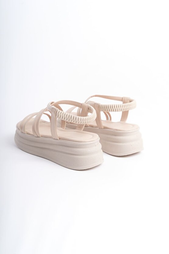 BELLA Lastikli Şerit Detaylı Ortopedik Taban Kadın Sandalet CKT - Krem