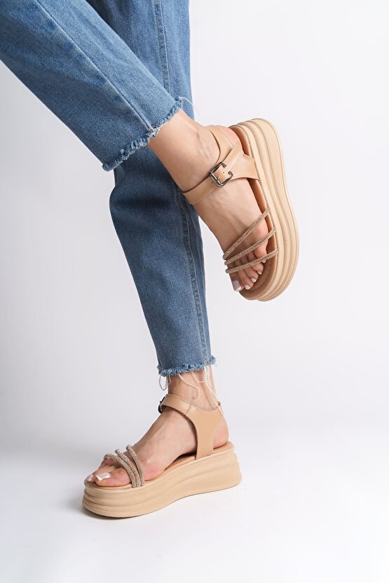 EVA Kalın Tokalı Taşlı Şeritli Ortopedik Taban Kadın Sandalet CTT - Ten