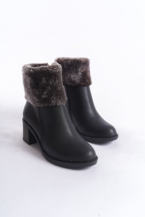 KATYA Fermuarlı Ortopedik Taban Topuklu Kürk DetaylıKadın Bot CST - Siyah