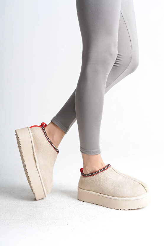 LEILA Bağcıksız Düz ve Kalın Taban İçi Kürklü Kısa Süet Kadın Bot CKT - Krem