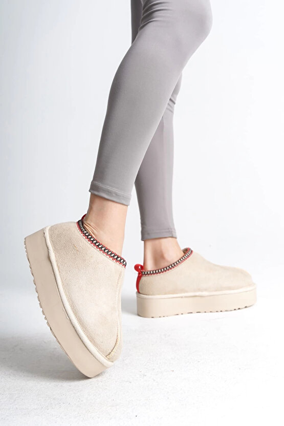 LEILA Bağcıksız Düz ve Kalın Taban İçi Kürklü Kısa Süet Kadın Bot CKT - Krem