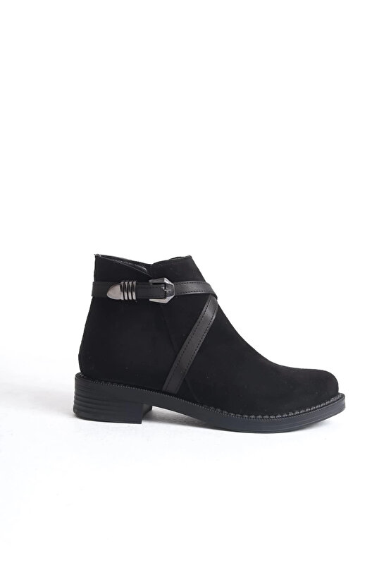 ALMILA Fermuarlı Lastikli Ortopedik Taban Topuklu Süet Kadın Bot SST - Siyah