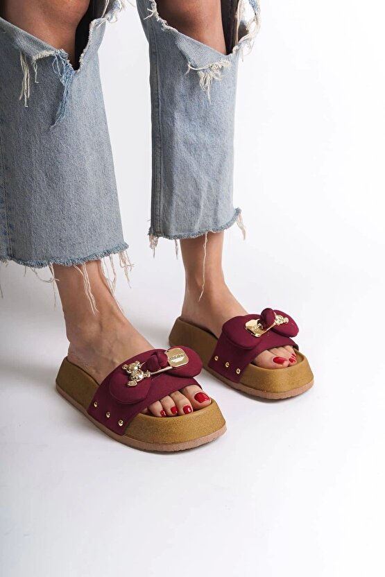 DILA Kalın ve Ortopedik Taban Ayıcıklı Saten Kadın Terlik SKT - Bordo