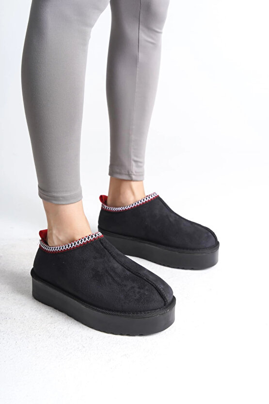 LEILA Bağcıksız Düz ve Kalın Taban İçi Kürklü Kısa Süet Kadın Bot SST - Siyah