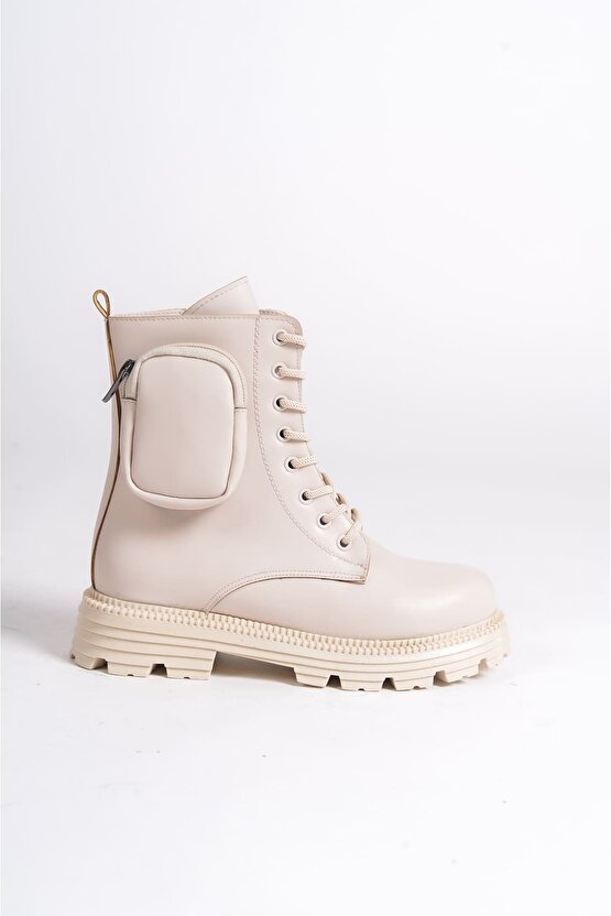 GINA Bağcıklı Fermuarlı Ortopedik Taban Çantalı Kadın Bot CKT - Krem