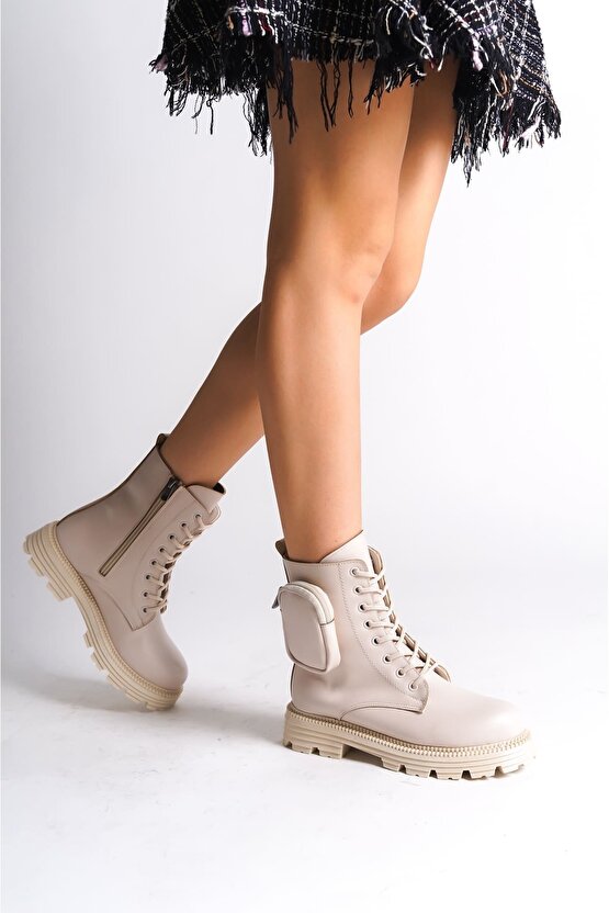 GINA Bağcıklı Fermuarlı Ortopedik Taban Çantalı Kadın Bot CKT - Krem