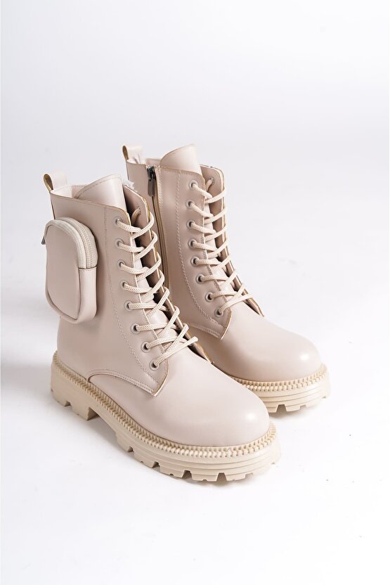 GINA Bağcıklı Fermuarlı Ortopedik Taban Çantalı Kadın Bot CKT - Krem